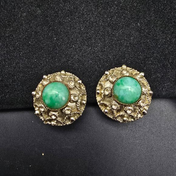 Vintage Peking Glass Clip On Earrings Gold Tone Round Circle - Picture 7 of 7